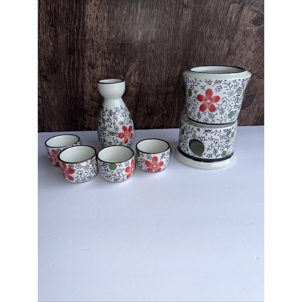 Japanese Sake‎ Cup Set Warmer Bowl Beautiful Spring Blossoms 7 Piece Set